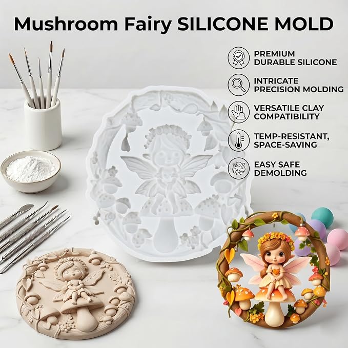 Flower Fairy Polymer Clay Molds Elf Girl Mushroom Garland Silicone Mold for Epoxy Resin Casting DIY Crafts Air Dry Polymer Crafts Supplies Clay Tools