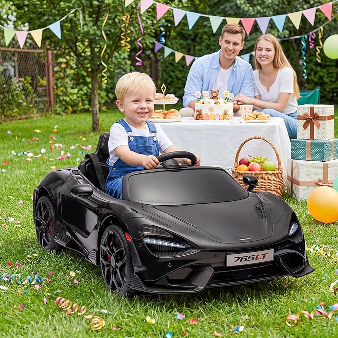 Kids Ride-on Car Licensed McLaren765LT for 3-6Years Old, Electric car 12V Battery Powered Electric Vehicle, w/Parent Remote, Music Player, LED Lights, Smooth Start, 3 Speeds, (Black)