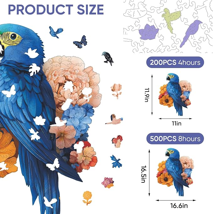 Mys Aurora Wooden Puzzles for Adults, Blue Parrot Couple Jigsaw Puzzles 200 Pieces, 11.9 x 11 Inch, Royal, Unique Shaped Round Blue Parrot Puzzles for Adults and Kids, Family Game
