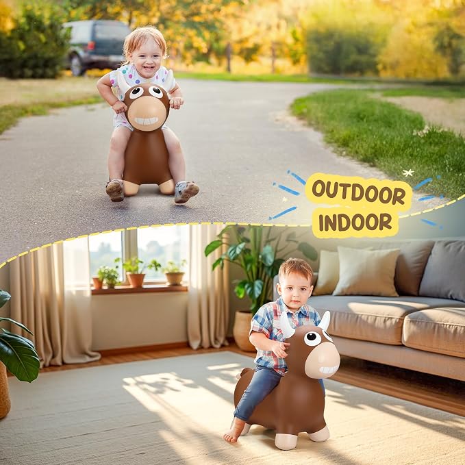 ZOOJOY Bouncy Animal Hopping Toys, Inflatable Brown Bouncy Hopper for Toddles, Outdoor Indoor Bouncing and Riding Bull Toys for Boys Girls, Birthday Gifts for 18 Months 2 3 4 5 6 Yrs w/Pump