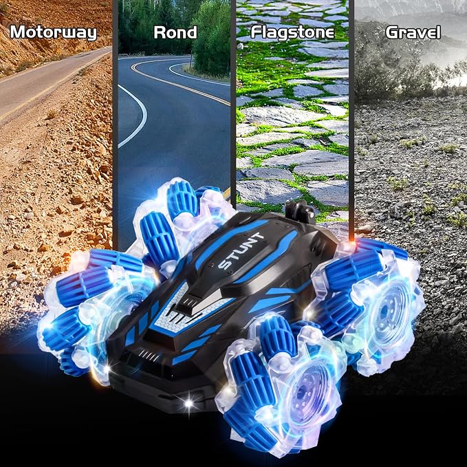 Remote Control Car, 4WD Gesture Sensing RC Stunt Car, Double Sided 360° flip, with Cool Lights and Music, Birthday Present Toys Car for Boys SND Girls Aged 5-12 (Blue)