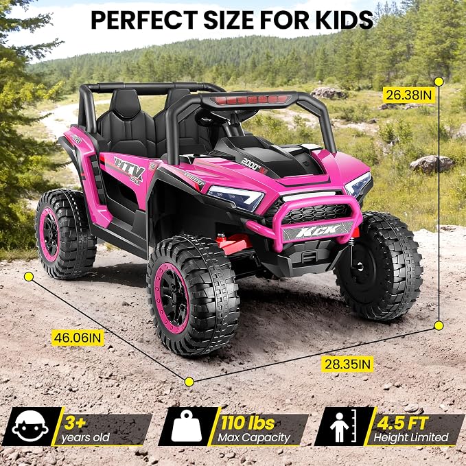 Hikole 24V Ride on Toys for Boys&Girl, 2 Seater Kids UTV with Parent Remote, 400W Battery Motors Operated, XXL Design, Steering Wheels, Easy to Assemble, Dashboard/LED/Horn/Bluetooth, Hot Pink
