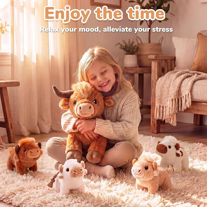 gnomantic Highland Cow Stuffed Animals with Babies, Mommy Toy for Kids | 5-Piece set: 1 mommy highland cow + 4 surprise babies inside. Unzip belly to reveal babies. Ultra-soft, safe for ages 3-8.