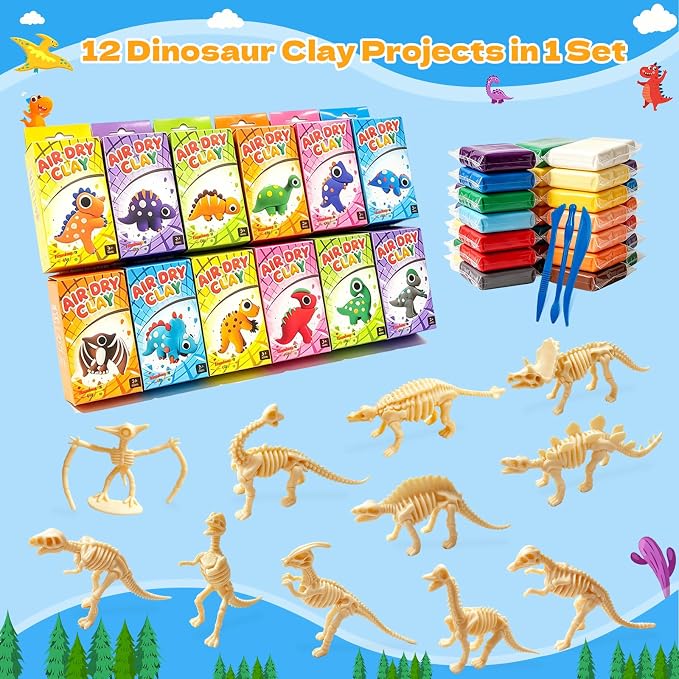 Air Dry Clay Dinosaur Kit for Kids, 12 Dino Skeleton Craft Set | 12 individual boxes, colorful materials, 3 sculpting tools, step-by-step guide, STEM party favors and birthday activity