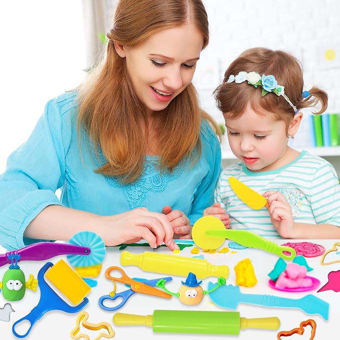 LCY WEDSHI Dough Tool Set, 32 Pcs Dough Tools Sets for Kids Ages 4-8, Dough Accessories Includes Animal Molds, Cutters Roller, Rolling Pins, Safety Scissors, Plastic Knife