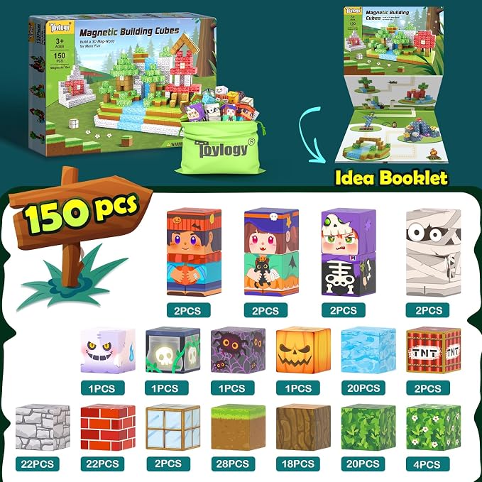 150PCS Large Magnetic Blocks - Build Mine Magnet World Forest Tiles, Magnet Kids Games Classroom Must Haves Toddlers Magnetic Toys for Boys & Girls 3-5 6-8, STEM Montessori Sensory Ourdoor Toys Gift