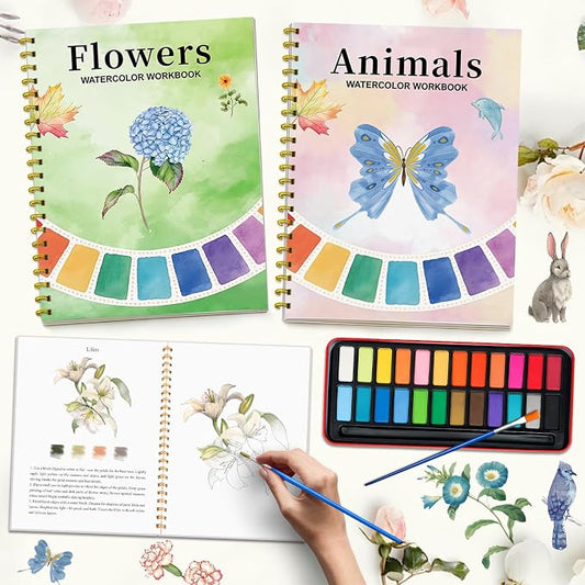 Watercolor Workbook - Coloring Book Beginner Friendly Painting Kit, Watercolor Workbooks for Adults, Exploration Gift for Adults Teens (Flowers-Animals, 24 Color Palette)