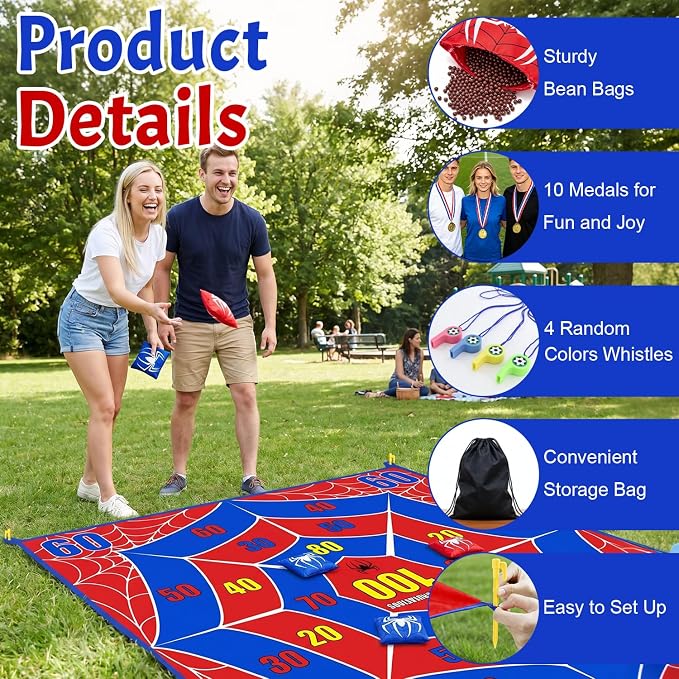 2-in-1 Giant Tic Tac Toe Game Bean Bag Toss Outdoor Games, 4.5FT Spider Tic Tac Toe Game with 10 Pcs Bean Bags, Outside Games for Adults and Family Lawn Yard Carnival Field Day Camping Party