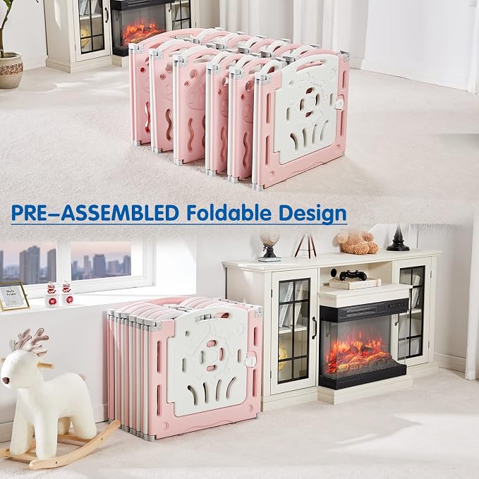 Albott Baby Playpen, Upgraded 22 Panels Foldable Baby Fence with Game Panel and Safety Gate, Adjustable Shape, Portable Play Yards for Children Toddlers Indoors or Outdoors (Pink+White, 22 Panel)