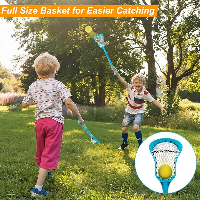Outdoor Toys Adjustable Kid Lacrosse Stick Set Ball - Toddler Outside Beach Pool Yard Game & Toy for Ages 3+ 4 5 6 7 8 Year Old Boy & Girl Gift for Kids, with Lightweight Easy-Catch & Full Size Basket