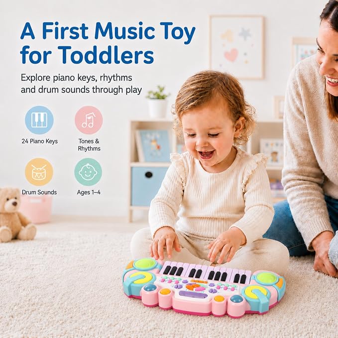Toddler Piano Keyboard Toy for 1 2 3 4 Year Old Boys Girls, 24-Key Kids Piano Keyboard with Record & Playback, Tones, Rhythms & Drum Sounds, Baby Musical Toy Birthday
