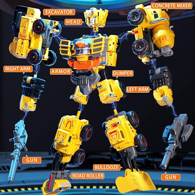 5-in-1 Transforming Construction Trucks Toys for Boys 3-6, STEM Building Vehicles Action Figures with Weapons for Child Age 4-7 – Toddler Robot Car Playset for Kids Birthday Gift