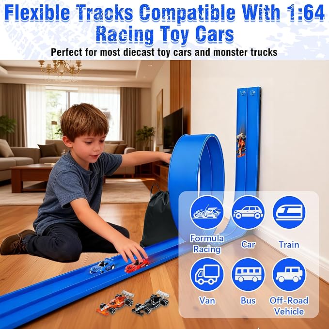 20 Ft Flexible Race Track Toys, Flex Race Car Ramp Track with 4 Race Cars & Suction Cups Rolls Up Portable DIY Race Track Anti Gravity Car Track Set,Kids Racecar Track Toy(Blue)