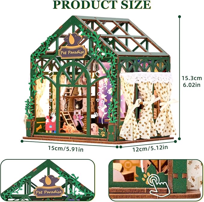 DIY Miniature Dollhouse Kit,3D Wooden Puzzles for Adults to Build, Birthday/Christmas Day Gift for Pet Lovers,Mini Furbabies‘ House with LED Lights,Pet Paradise