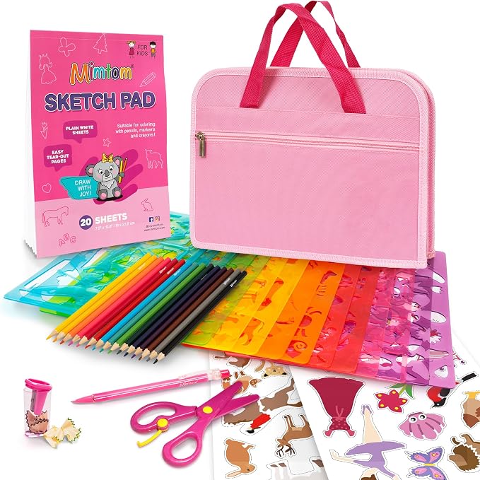 Mimtom Drawing Stencil Kit for Kids, 51 PC Art Set with 270+ Shapes, Sketch Pad, and Colored Pencils for Child's DIY Arts and Crafts, Draw with Princess, Fairies and Animal Stencils, Pink