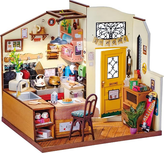 Rowood Miniature House Kit,DIY Miniature Dollhouse Kit for Adults,Wooden Table Collection Model Kits to Build,Birthday for Adult(Homey Kitchen)