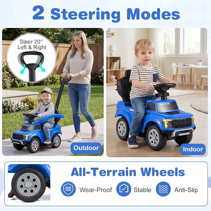 Costzon Ride On Push Car for Toddlers, 3-in-1 Ford Licensed Sliding Car w/Handle, Guardrail, Horn, Engine Sound, LED Lights, Under Seat Storage, Foot-to-Floor Kids Ride On Toys for Boys Girls (Blue)