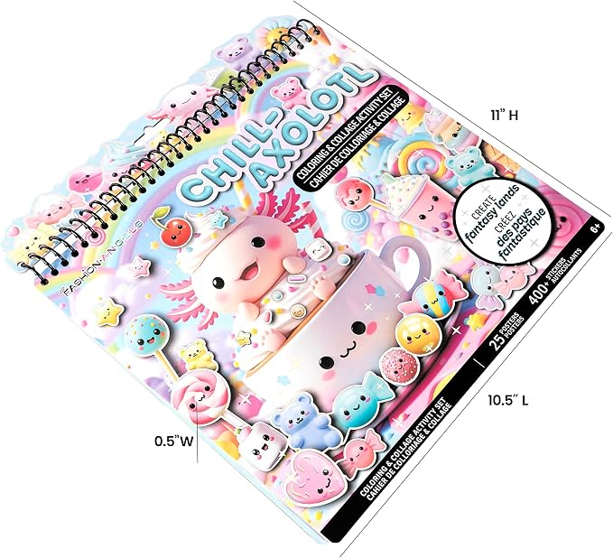 Fashion Angels Chill Axolotl Coloring & Collage Activity Set, Includes 400+ Stickers, Sticker-by-Number & Coloring Pages with Mystical, Cosmic & Candy-Themed Scenes, Creative Art Kit for Kids Ages 6+