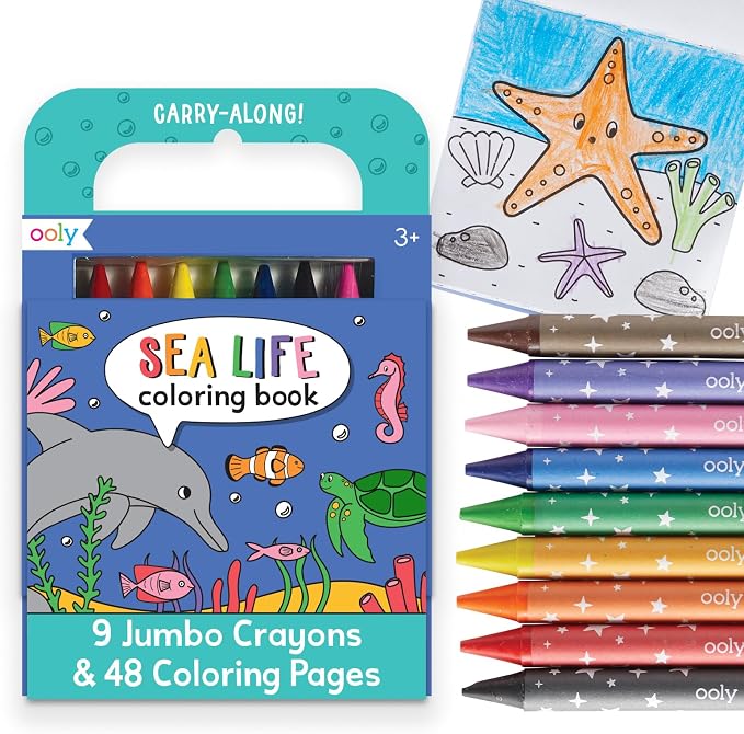 Ooly Kids Travel Activity Kit – 9 Jumbo Crayons & 48 Coloring Pages, Car Crafts for Kids, Mess-Free Road Trip Art Set, Airplane Activities – Sea Life