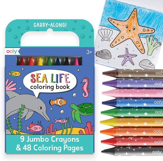 Ooly Kids Travel Activity Kit – 9 Jumbo Crayons & 48 Coloring Pages, Car Crafts for Kids, Mess-Free Road Trip Art Set, Airplane Activities – Sea Life