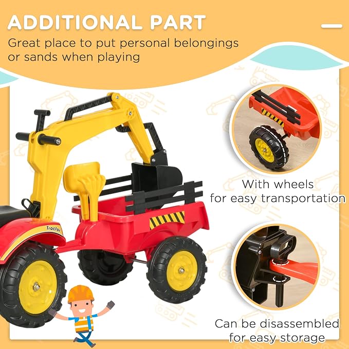 Aosom 3 in1 Kids Ride On Excavator/Bulldozer, Pedal Car Digger Toy Move Forward/Back with 6 Wheels and Detachable Cargo Trailer