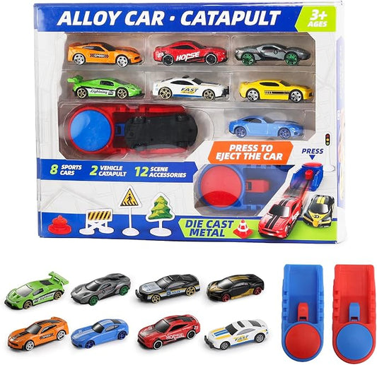 Die Cast Toy Cars with Catapult Launcher (Big) | 2 die-cast sports cars with a manual press launcher for indoor racing and vehicle-themed play.
