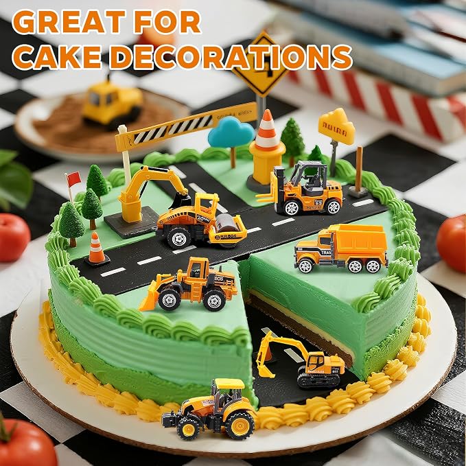 6 Pack Diecast Construction Vehicle Toys – Mini Construction Truck Set with Excavator, Dump Truck, Bulldozer & Mixer for Boys Girls Ages 3+, Birthday Party Favors & Goodie Bag Stuffers