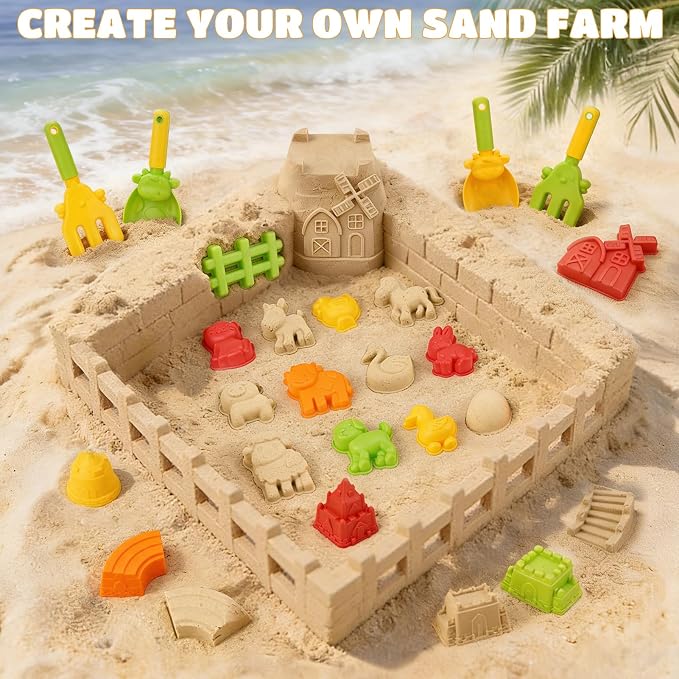 Dreamon 29PCS Beach Toys for Kids – Collapsible Beach Buckets, Shovels, Rakes & Animal Sand Molds with Mesh Bag – Farm Travel Sand Toys Sandbox Toys for Kids Ages 4-8