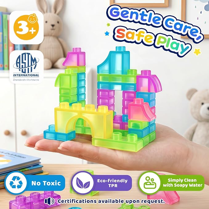 Gummy Bloc 57 PCS Soft Glow in The Dark Building Blocks for Toddlers, Dream City Glow Starter Kit, Squishy Sensory Stacking Toy with 2 Buildable Vehicles, Montessori STEM Preschool Gift for Boys Girls