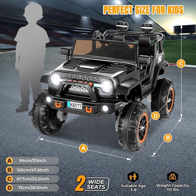 Hikole 24V Electric Ride on Truck, 2 Seater Battery Powered Truck with 20" Wide Seat, 4x100W Powerful Wheels, Music, Remote Control, LED Lights, Ride on Car for Big Kids Boys 4-8, Black