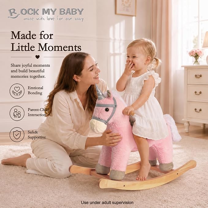 Rock My Baby Rocking Horse, Pink Unicorn/Pony Animal Rocker with Realistic Sound Plush Stuffed Rocking Horses for Toddlers 18M+, CPC Certified