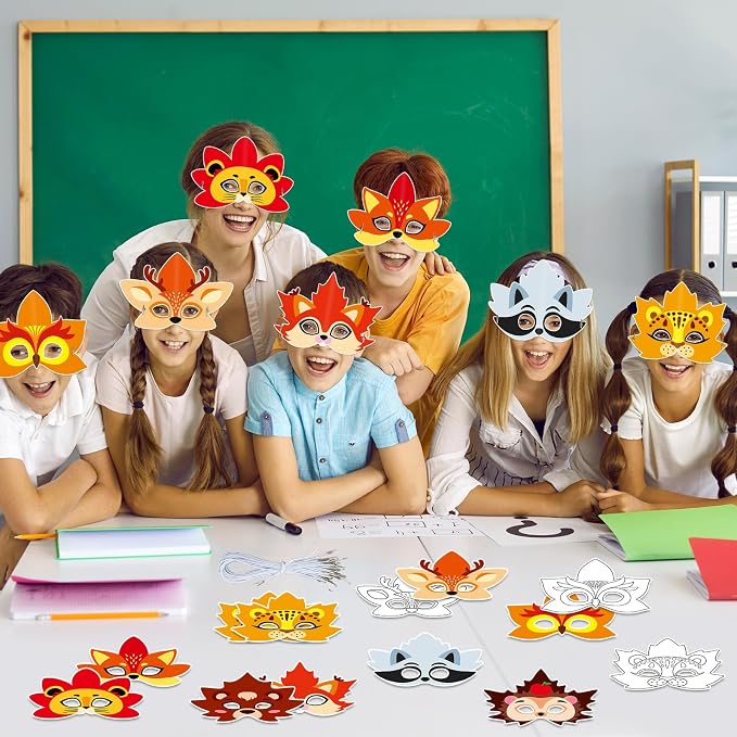 36 Set Fall Thanksgiving Animal Coloring Mask Paper Art Craft Kids Color Your Own Animals Blank DIY Mask Masquerade Birthday Party Dress-Up Decoration Favor School Classroom Activity Game Supplies