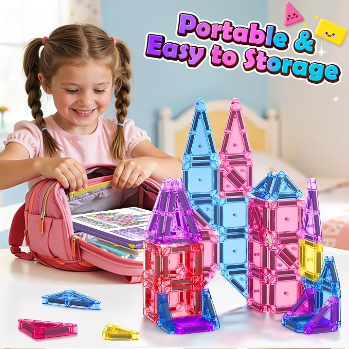 Coodoo Mini Magnetic Tiles Set with Iron Box, Travel Essentials Portable Magnet Building Blocks, Montessori Educational Sensory Toys for Toddlers 3+ Boys Girls Birthday Gift Classroom Must Haves