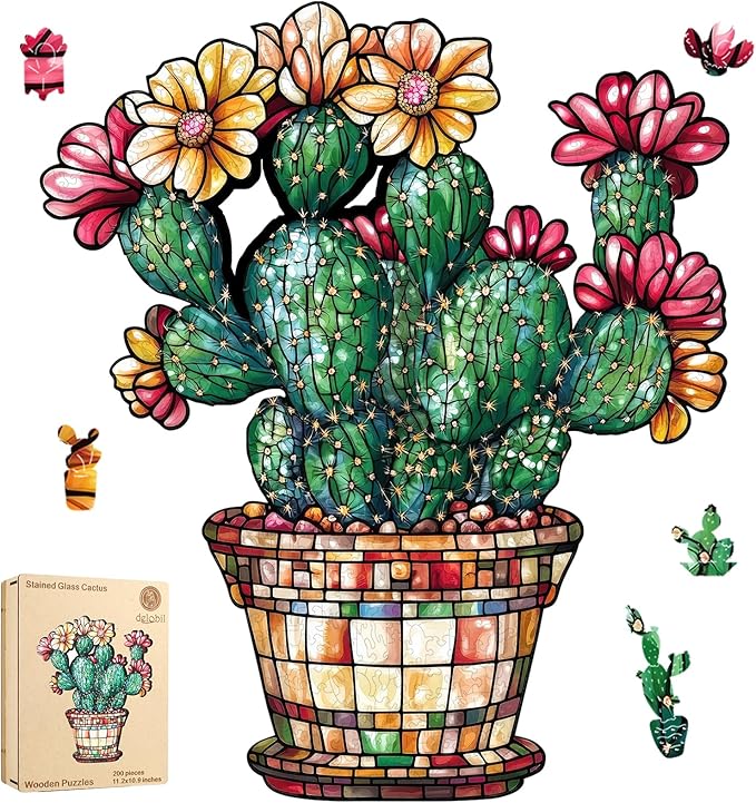 Delobil Stained Glass Cactus Wooden Puzzles for Adults, 200 Pieces Jigsaw Puzzles, Unique Shaped Medium Size Wood Puzzle Gift for Adults and Kids, Family Game 11.3'' x 13.2''