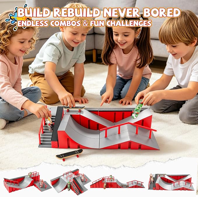 Fingerboard Skate Park Ramp Kit, Finger Skateboards Toys with Skates Sports Shorts Tool Kit, Mini Fingerskateboards Training Props Interactive Freestyle Skate Game for Kids Adults