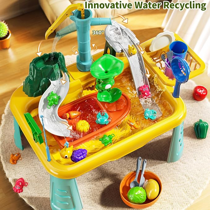 Kids Water Table Play Toy for Toddlers 1-3 4-8 Years Old - Kitchen Sink with Pump and Flowing Water, Fishing Games, Outside Sensory Gift Toys for Boys and Girls 2 3 4 5 6 7 8