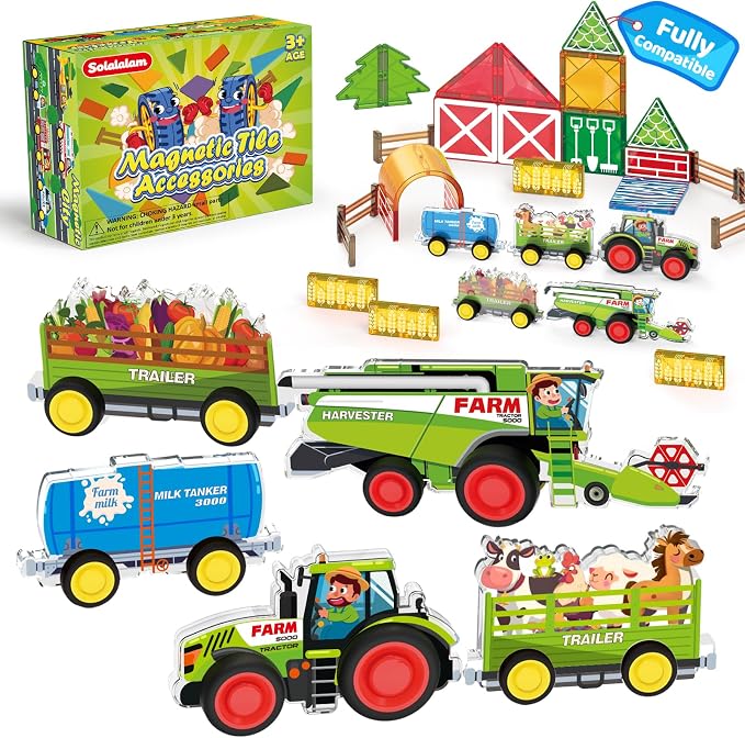 3D Magnet Farm Tractor Toy for Magnetic Tiles & Blocks, 5pcs STEM Educational Learning Toys Inc Combine Harvester Tractors Farm Animal Trailer, Farming magnet tiles toys for kids 3+ year old