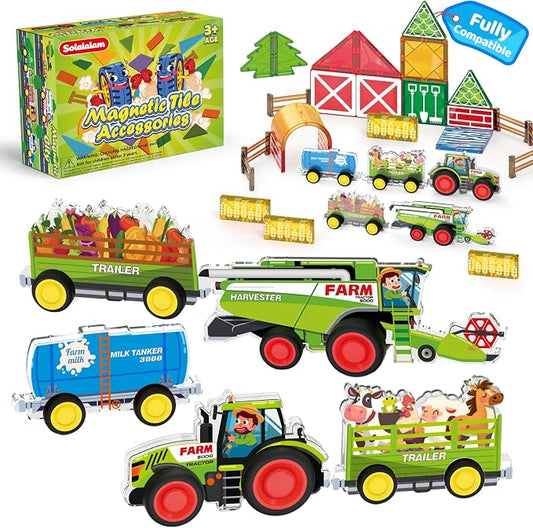 3D Magnet Farm Tractor Toy for Magnetic Tiles & Blocks, 5pcs STEM Educational Learning Toys Inc Combine Harvester Tractors Farm Animal Trailer, Farming magnet tiles toys for kids 3+ year old