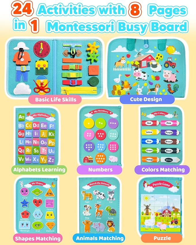 Walenty Busy Board Montessori Toys for Toddler Boy Girl Birthday Gifts, Busy Book Sensory Learning Toys for Toddlers, Educational Activities Airplane Car Travel Toy for Toddlers