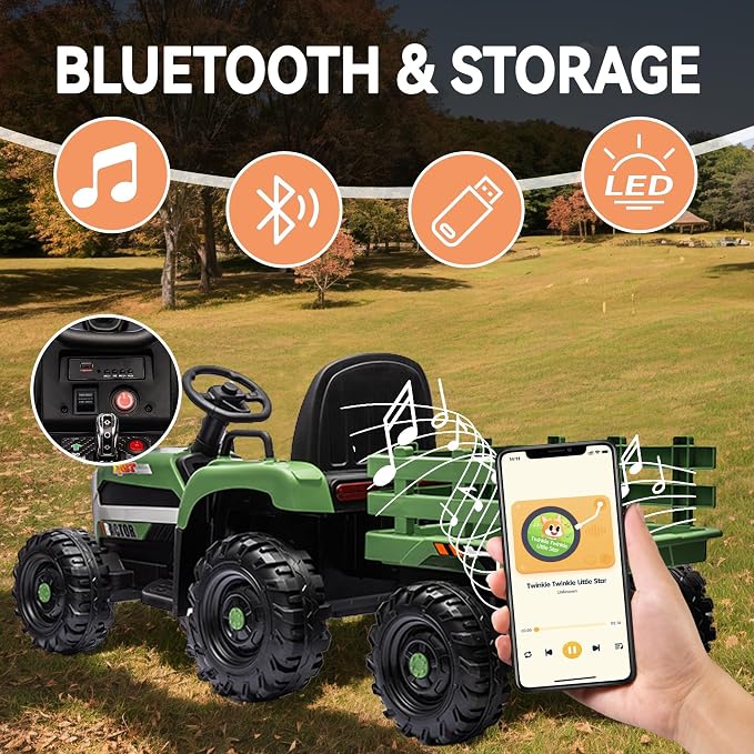24V Ride on Tractor with Trailer, 400W Electric Car for Kids, Toddler Ride On Toy W/Remote Control, 3 Speed Adjustable, MP3, Bluetooth, LED Light, Green