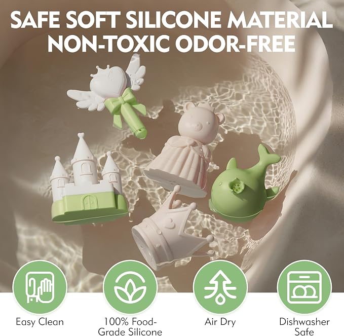 MarcZero Princess Silicone Bath Toys 8Pcs for Toddlers Kids Babies,Bathtub Water Toys,Soft Squeezable Easy-Grip Pool Toys Set (Green)