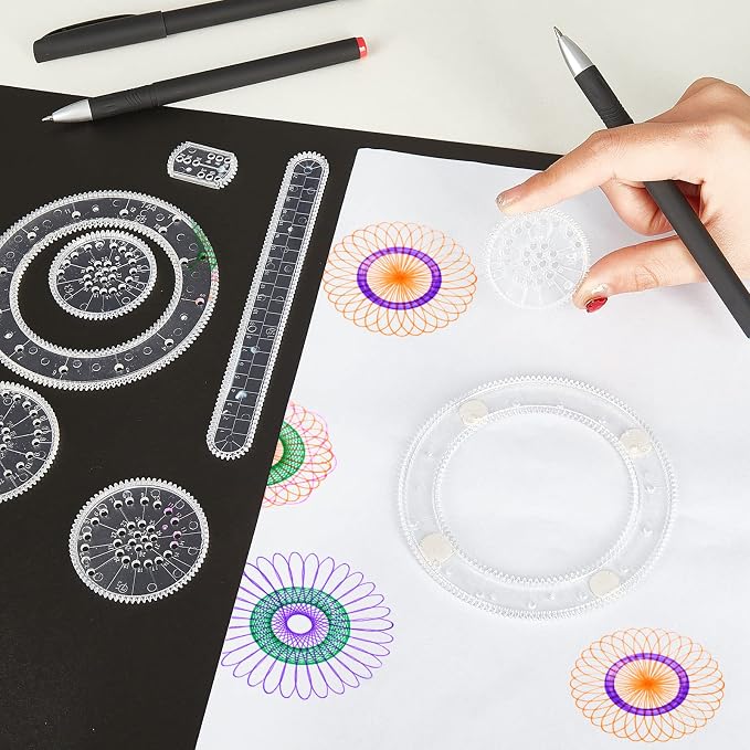 Chivao Spiral Art Kit Circle Stencils Drawing Tool Gear Geometric Ruler Circle Template Drawing Kit Plastic Spiral Curve Stencils with Pens Paper for Back to School Gifts DIY Crafts Sketch(Classic)