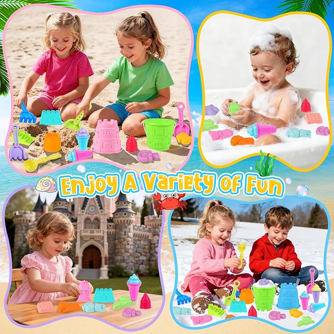 KUBUSFLY Beach Toys for Toddlers, Sand Castle Toys with 4 Beach Bucket and Shovels, Ice Cream Travel Sand Toys for Sandbox & Mesh Bag, Essentials Toy for Toddlers Kids Baby Boys Girls Age 3-10