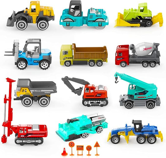 Staroud 17 Metal Construction Vehicles Toys, Small Excavator Wheels Cars Mini Construction Trucks Toys for Boys Kids Toddlers Cake Decorations Party Favors