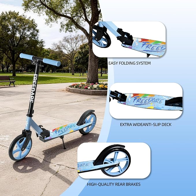 FREEDARE Kick Scooter for Kids & Adults Ages 8+, Foldable Teen Scooter with 2 Big 8-inch Wheels and 4-Level Adjustable Handlebar, Max Load 220 LBS