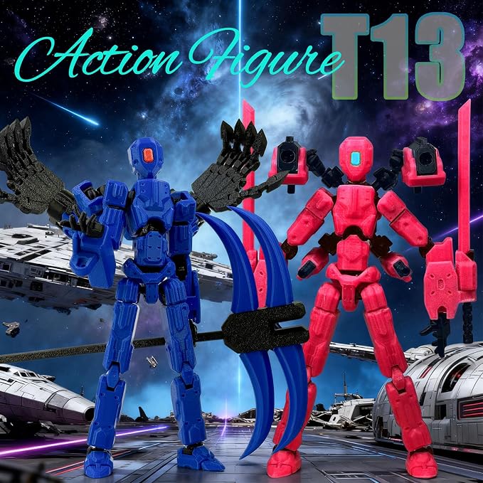 T13 Assembly Completed Action Figure Set, Multi-Jointed Movable 3D Printed Robot Toy, Cool Desktop Decoration Collectible Gift for Game Lovers (Blue and Pink)