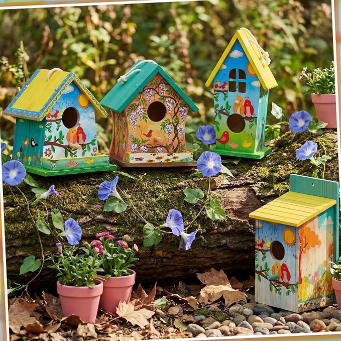 Liliful 8 Pack Birdhouse Crafts for Kids, Wooden Creative DIY Bird House Kits Arts and Crafts Set for Kids and Adults, Spring Birthday Gifts for Toddlers Ages (Vintage Style)