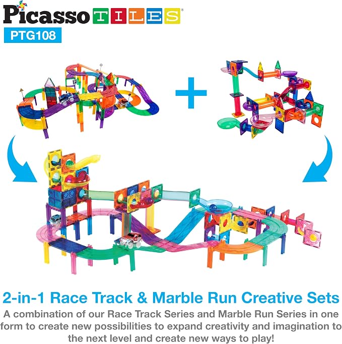 PicassoTiles 108PC Marble Run + 30PC Magnetic Race Car Track Fun & Creative Playset: STEAM Learning, Enhance Construction Skills, Hand-Eye Coordination and Fine Motor Skills, Gift for Boys and Girls