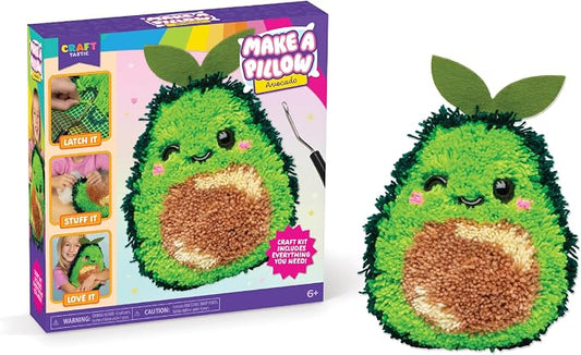 LatchKits Avocado Pillow - Latch Hook Kits for Kids, Arts and Crafts, Yarn Art, Kids Crafts, Toys for Girls, Birthday Gift for Girls, Easy to Follow Pattern, Hook Included, Craft Kits, Ages 6+