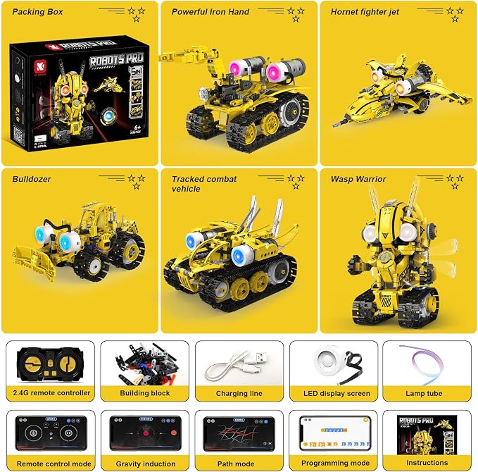 5-in-1 STEM RC Robot Building Blocks Kit, Educational Toys Age 6-12 | Remote & app controlled rechargeable motorized, 673pcs, LED light & sound, programming coding - birthday gift 7-10 yr